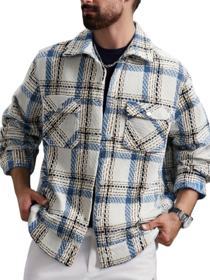 Man wearing a blue and white plaid shirt jacket with chest pockets.